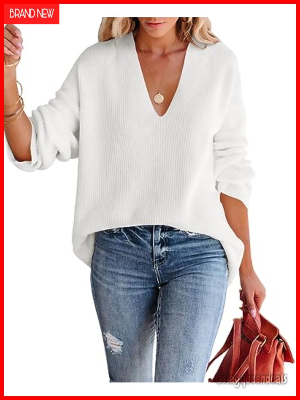 Oversized Deep V Neck Waffle Knit Sweater Pullover Long Sleeve Loose Fit